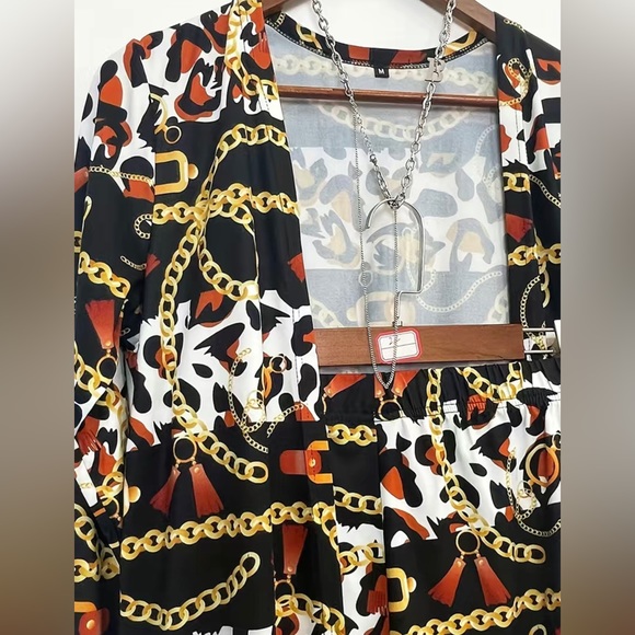 2pc Gold /Black Chain Link Long Sleeve Open Front Cardigan High Waist Pants - Picture 9 of 13